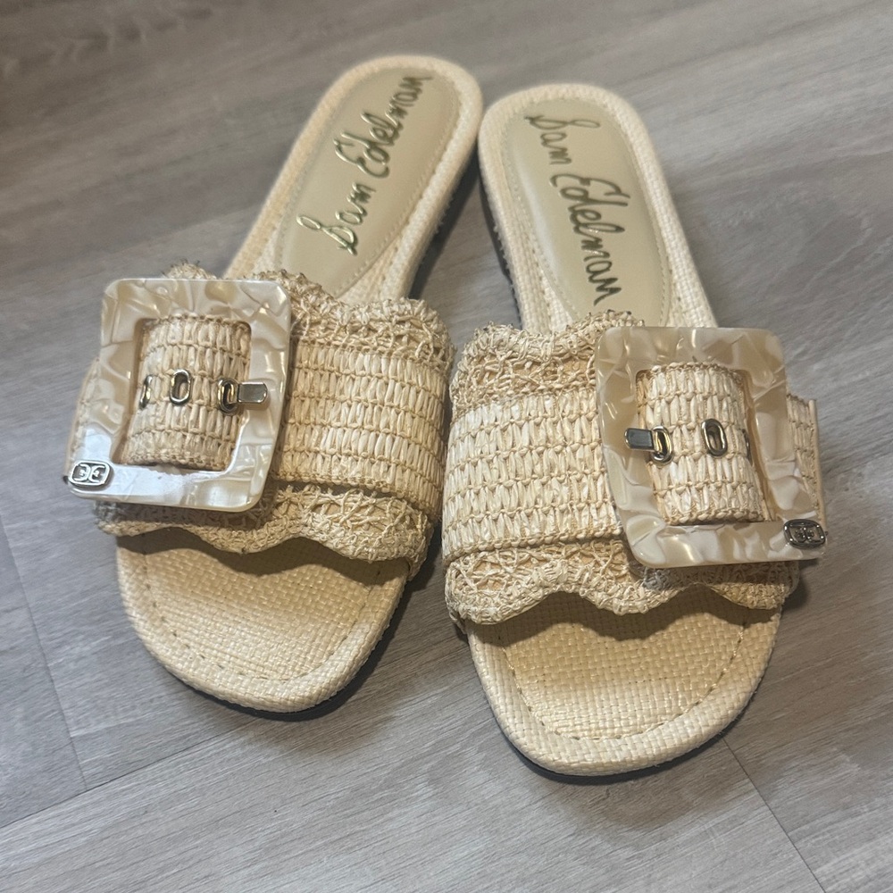 Sam Edelman Beige Raffia Slide Sandals with Pearlized Buckles
